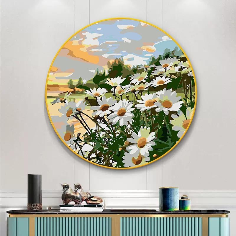 Paint by Numbers Kit Flowers Circular Frame Painting White Flowers