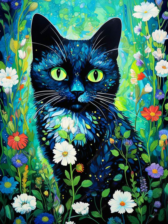 Paint by Numbers Kit Black Cat Among Flowers