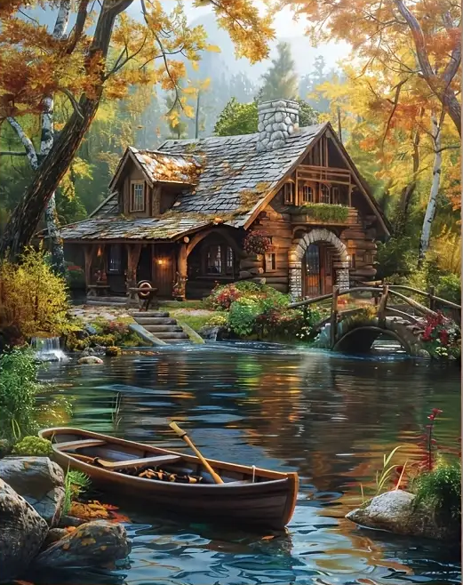 Paint by Numbers Kit Forest Cabin