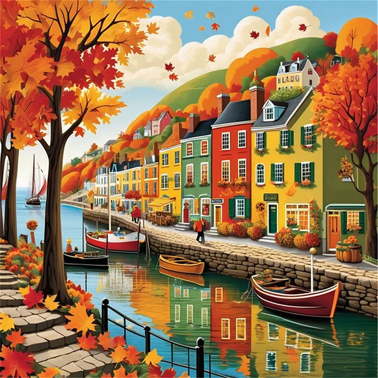 Paint by Numbers Kit Small Town Autumn Scenery