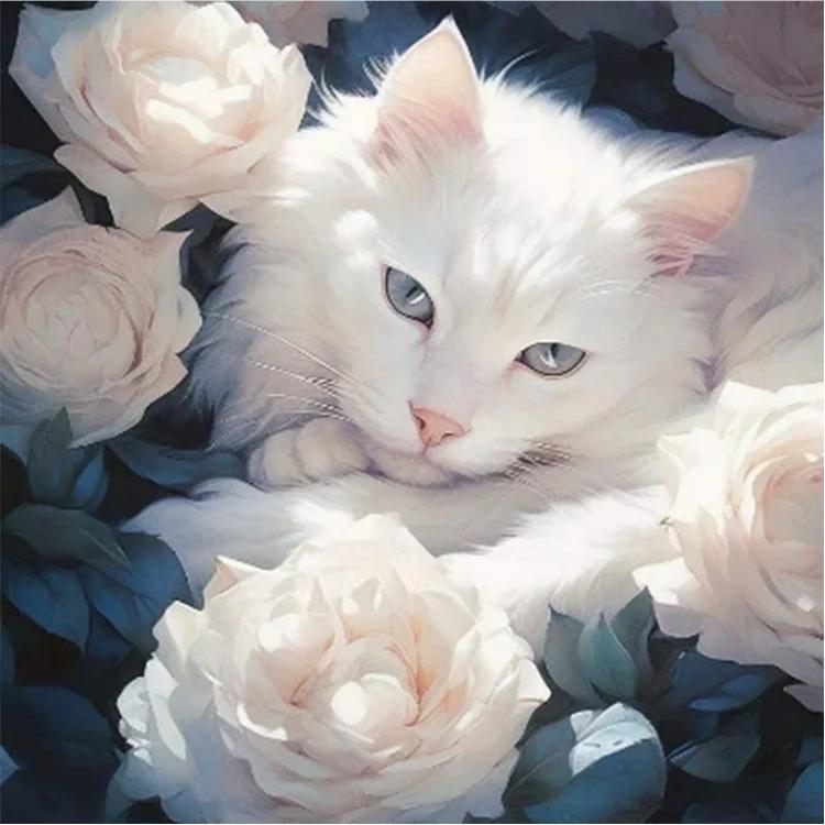 Paint by Numbers Kit White Cat In The Flower Bushes