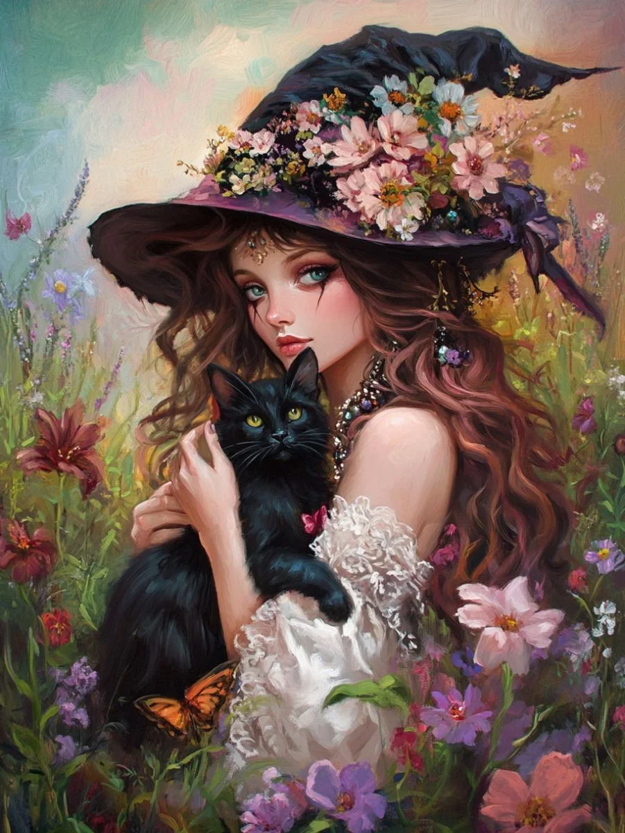 paint by numbers kits depicts beautiful witch holding black cat
