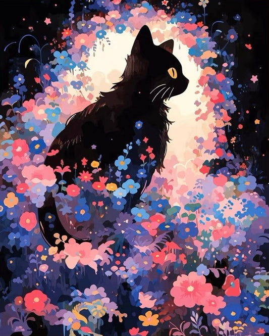 Paint by Numbers Kit Black Cat Among Flowers