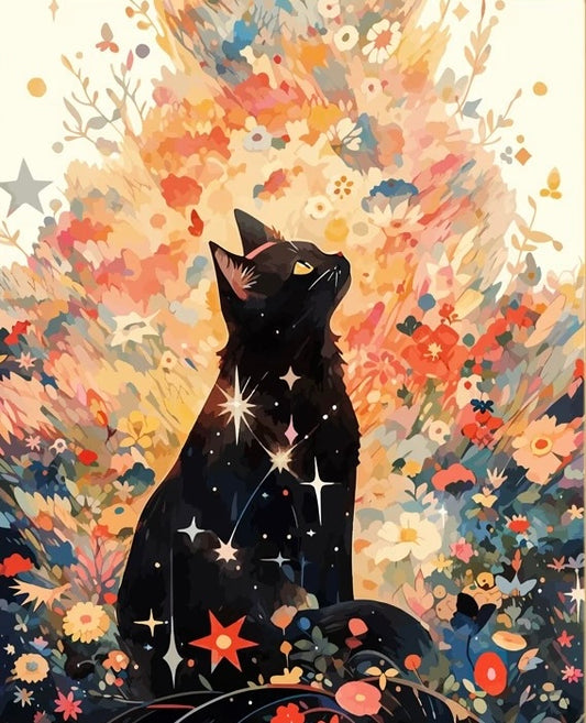 Paint by Numbers Kit Black Cat Among Flowers