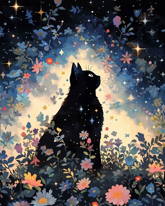 Paint by Numbers Kit Black Cat Among Flowers