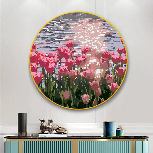 Paint by Numbers Kit Flowers Circular Frame Painting Flowers By The Lake