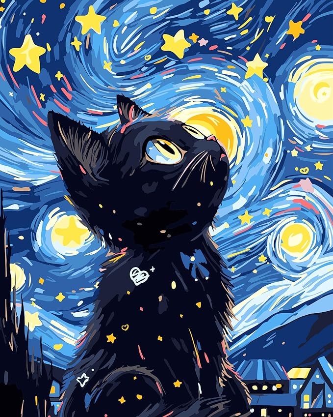 Paint by Numbers Kits Black Cat Under The Starry Sky