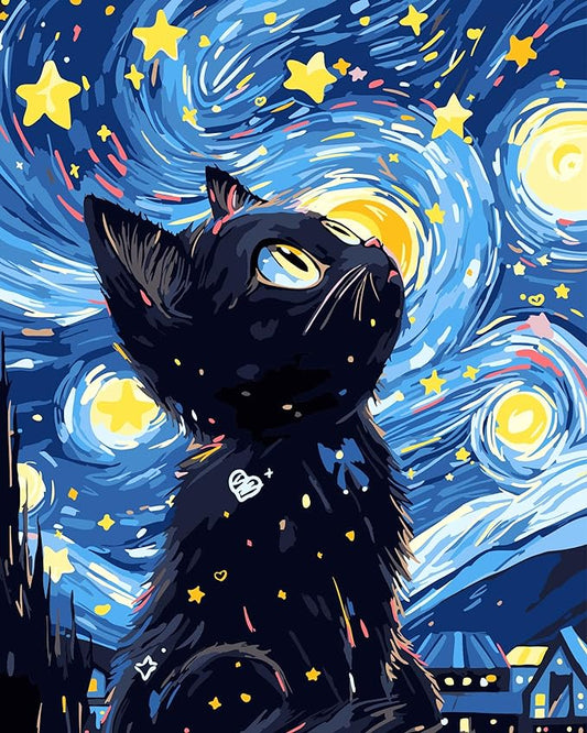 Paint by Numbers Kits Black Cat Under The Starry Sky