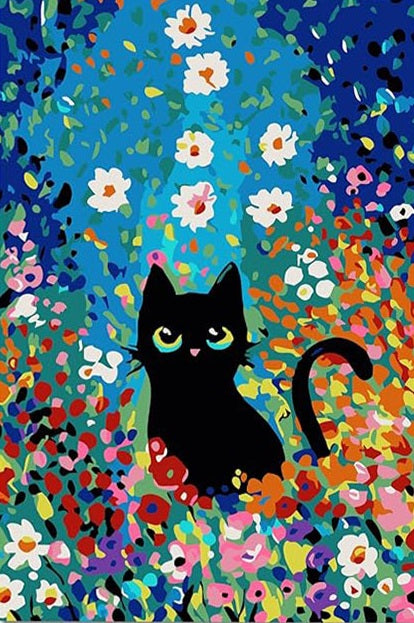 Paint by Numbers Kit Abstract Black Cat Among Flowers