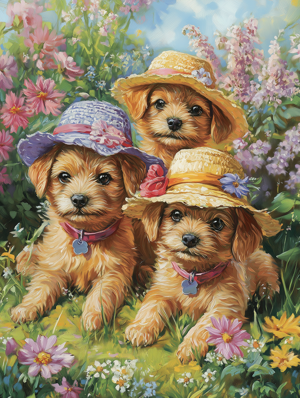 Paint by Numbers Kit Three Puppies In The Flowers