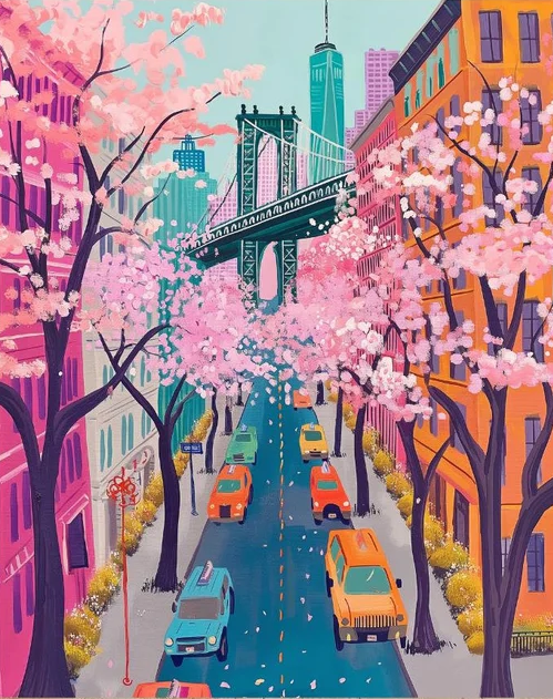 Paint by Numbers Kit Cherry Blossom Street Scene