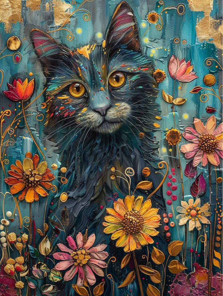 Paint by Numbers Kit Black Cat Among Flowers