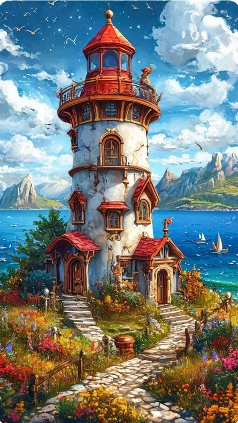 Paint by Numbers Kit Seaside Lighthouse House