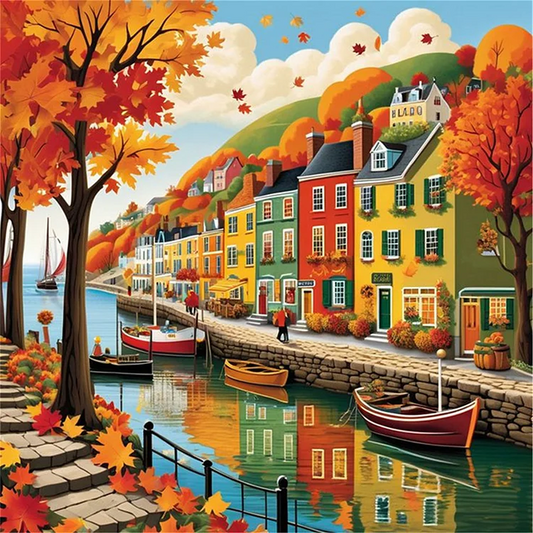 Paint by Numbers Kit Small Town Autumn Scenery