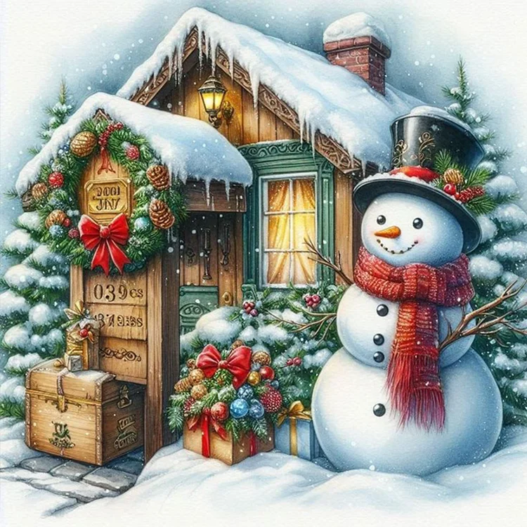 Paint by Numbers Kit Log Cabin And Snowman