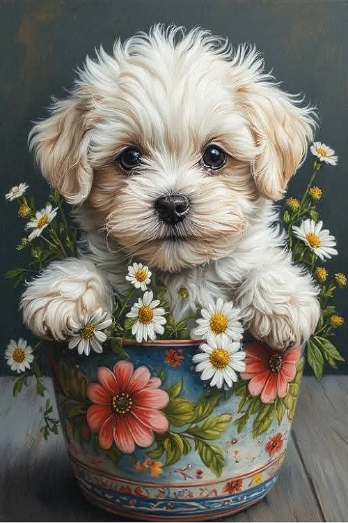 Paint by Numbers Kit The Puppy In The Flowerpot