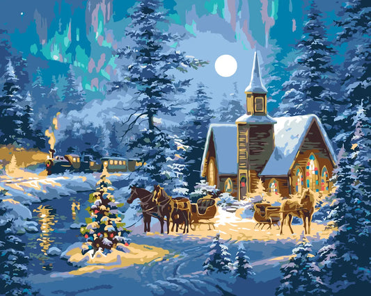 Paint by Numbers Kit Forest Cabin On Snowy Night