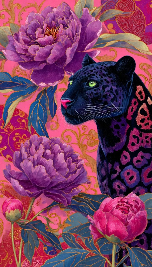 Paint by Numbers Kit Black Panther In The Flower Bushes