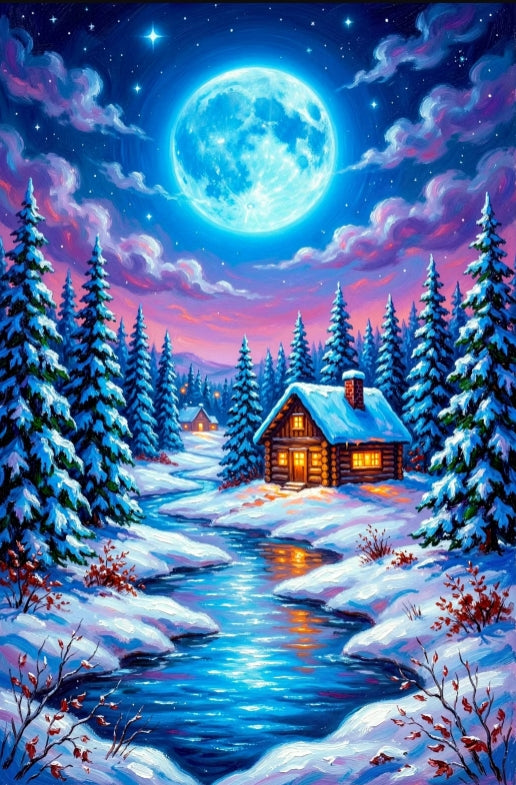 Paint by Numbers Kit Snowy Cabin