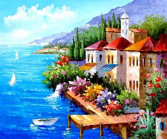 Paint by Numbers Kit Seaside Town Scenery