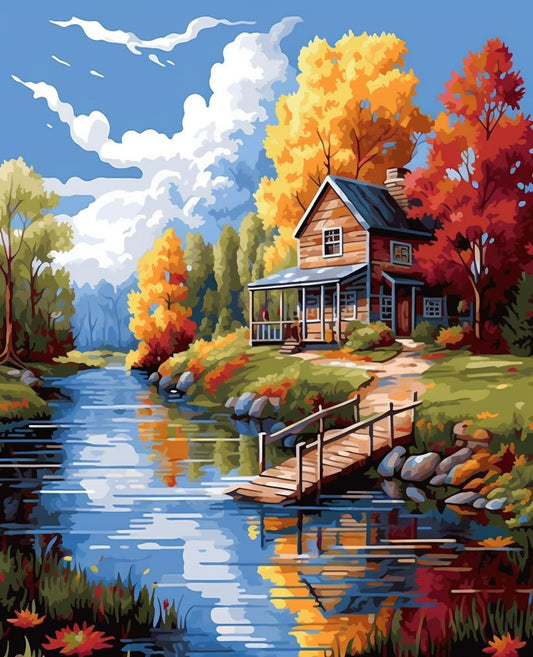 Paint by Numbers Kit Forest River And Hut