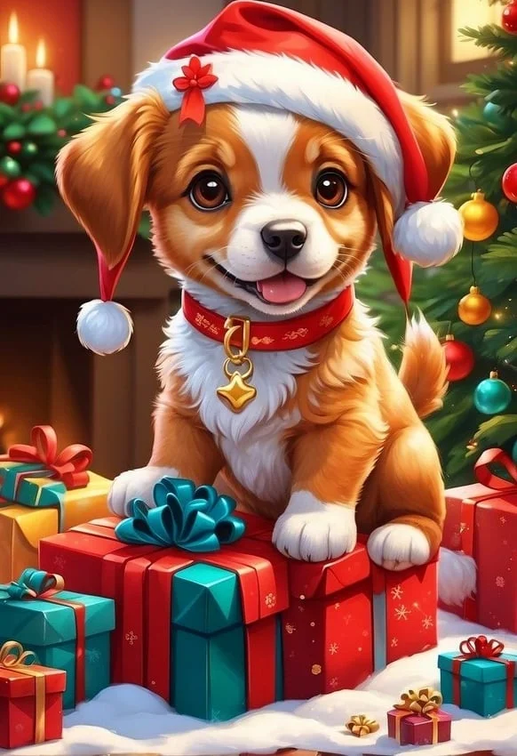 big size paint by numbers kit puppy standing on christmas presents