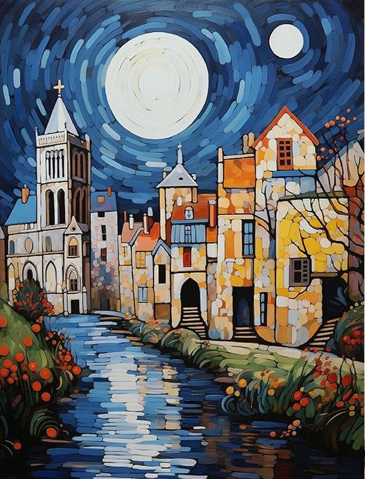 Paint by Numbers Kit Small Town Under The Stars