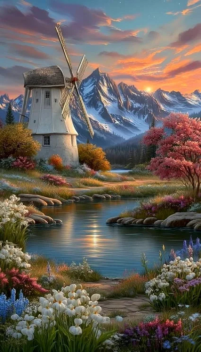 paint by numbers kit depicts lake under the snow-capped mountains