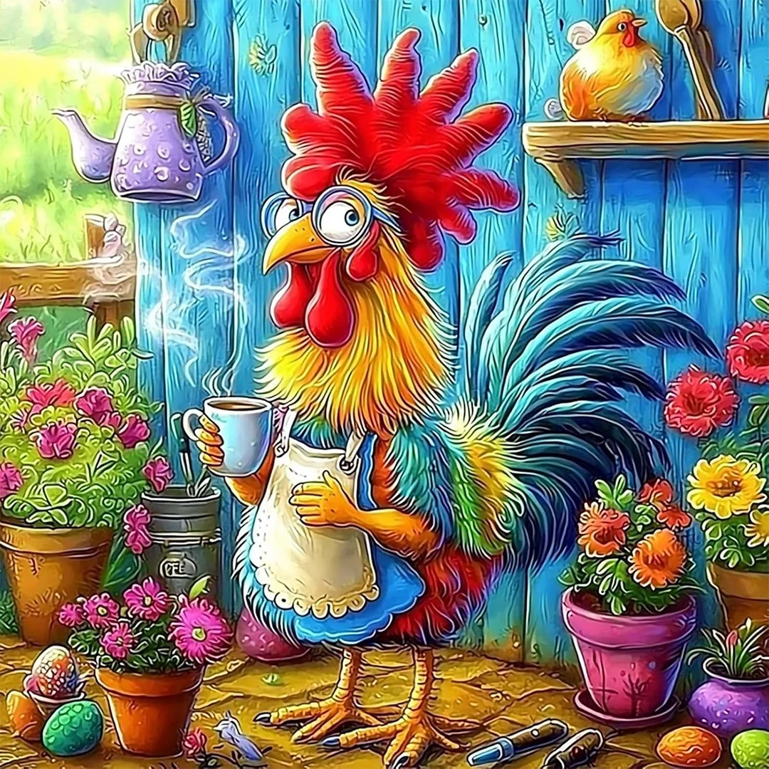 paint by numbers kit chicken drinking coffee