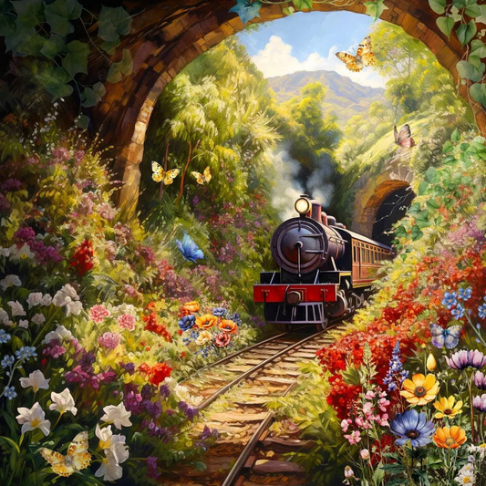 paint by numbers kit depicts A train is passing through a beautiful cave