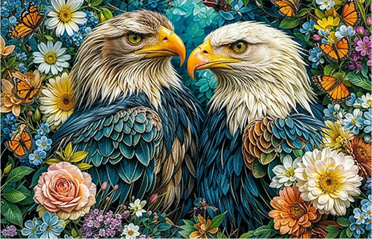 paint by numbers kit depicts two eagles among flowers