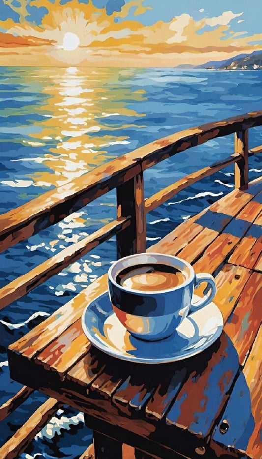 big size paint by numbers kit coffee on the table by the sea