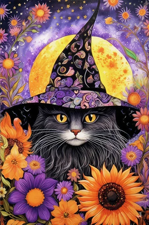 paint by numbers kit depicts cat wearing a witch hat among flowers