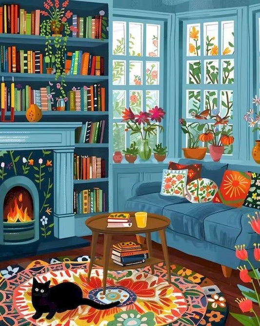 paint by numbers kits black cat in a cozy room